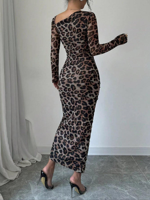New Women's Round Neck Long Sleeve Leopard Print High Waist Hottie Dress