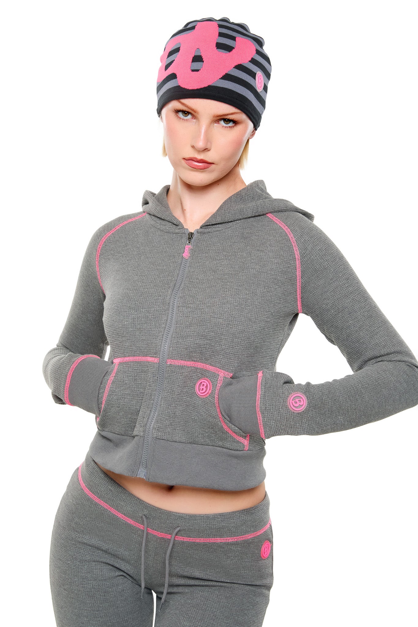 WAFFLE KNIT HOODIE (CHARCOAL/PINK)