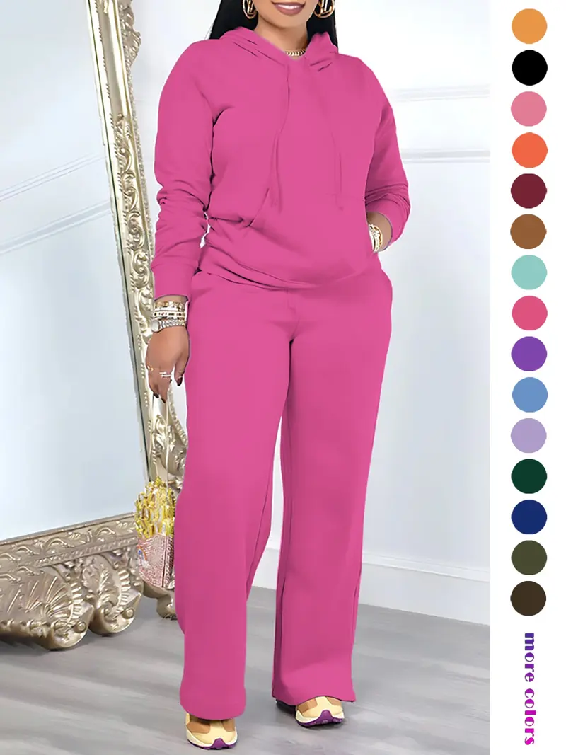 🔥Two-Piece Set Women's Solid Drawstring Hoodie & High Waist Pants Set, Casual Long Sleeve Pocket Hooded Sweatshirt & Straight Leg Trousers for Spring & Fall, Ladies' Clothes for Daily Wear