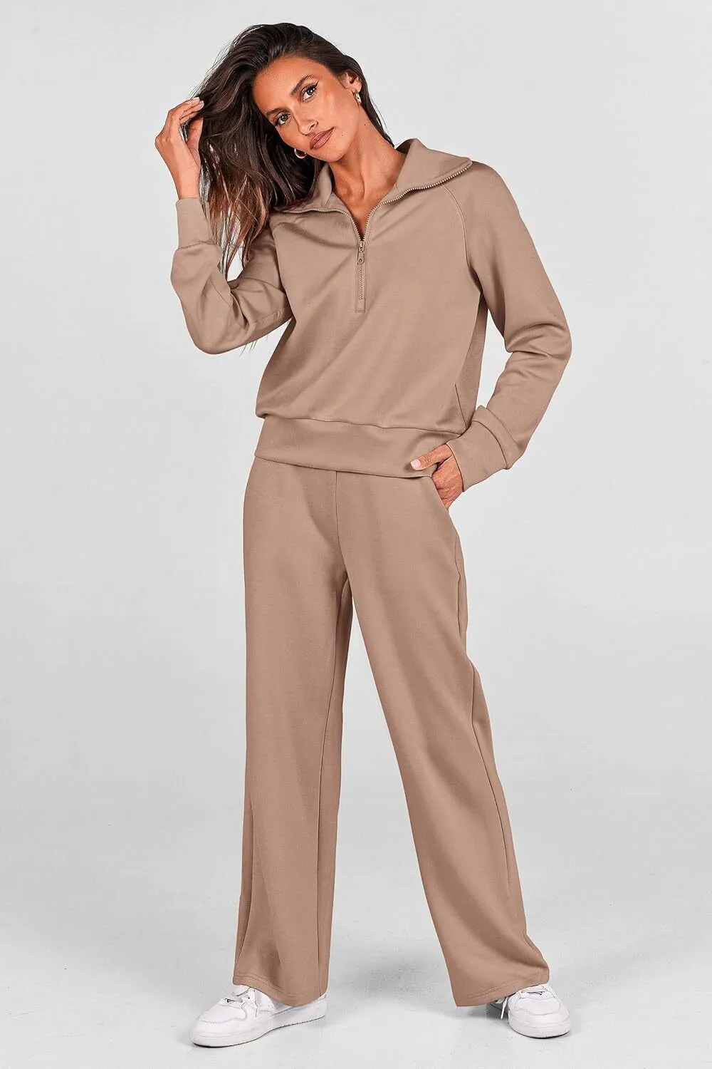 🔥Final Day Clearance!🛒Women's 2 Piece Outfits Casual Lapel Half Zip Sweatshirts And Wide Leg Pants Tracksuit Sets
