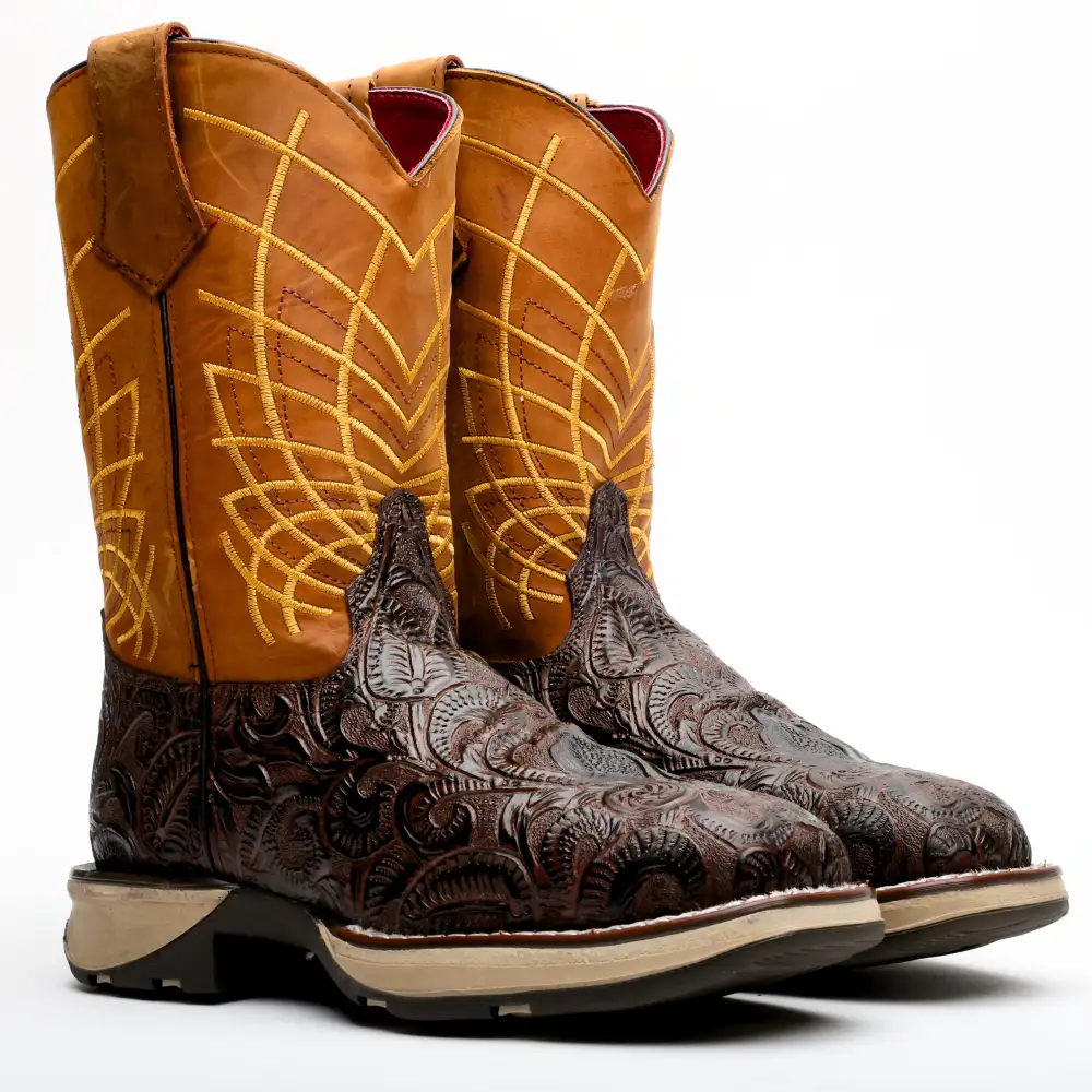 TBR Brown Hand-Tooled Leather Boots With 3D Lightweight Sole - Composite Toe