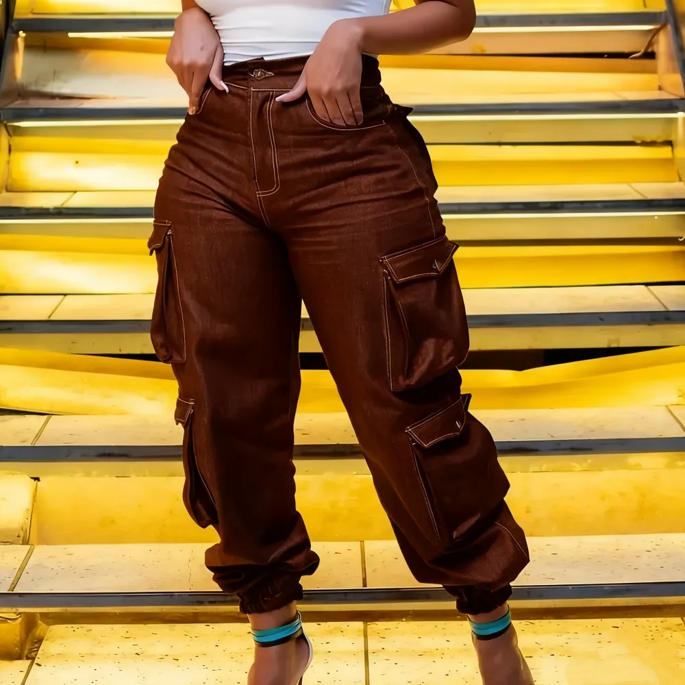 Women's Y2K High-Waist Cargo Denim Flap Pocket Pants