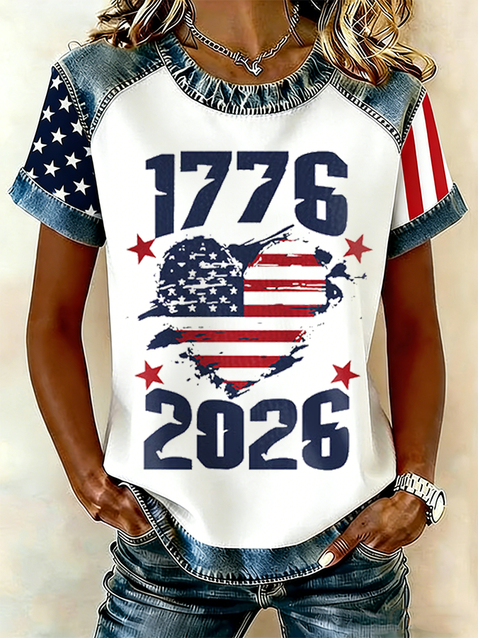 Women's Denim Raglan Sleeve Distressed Heart 1776-2026 T-Shirt