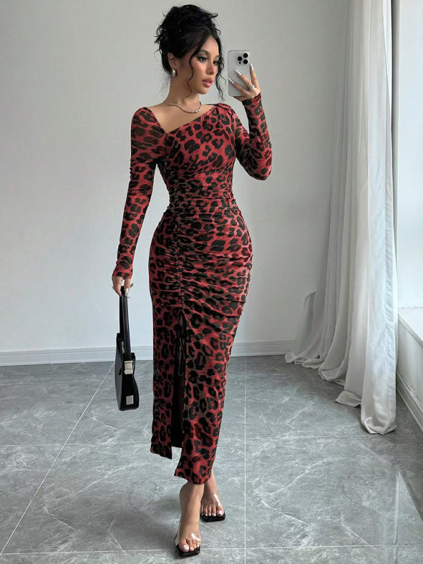New Women's Round Neck Long Sleeve Leopard Print High Waist Hottie Dress