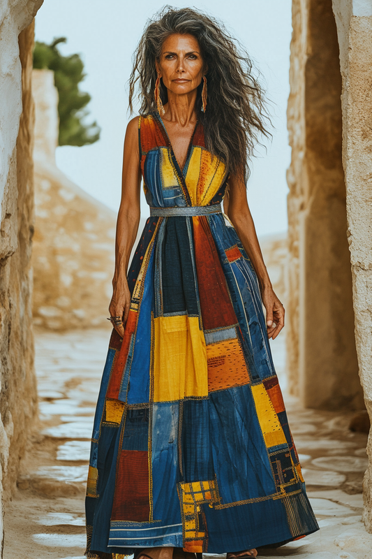 Vintage Loose Linen Patchwork Rainbow Contrast Dress 151e