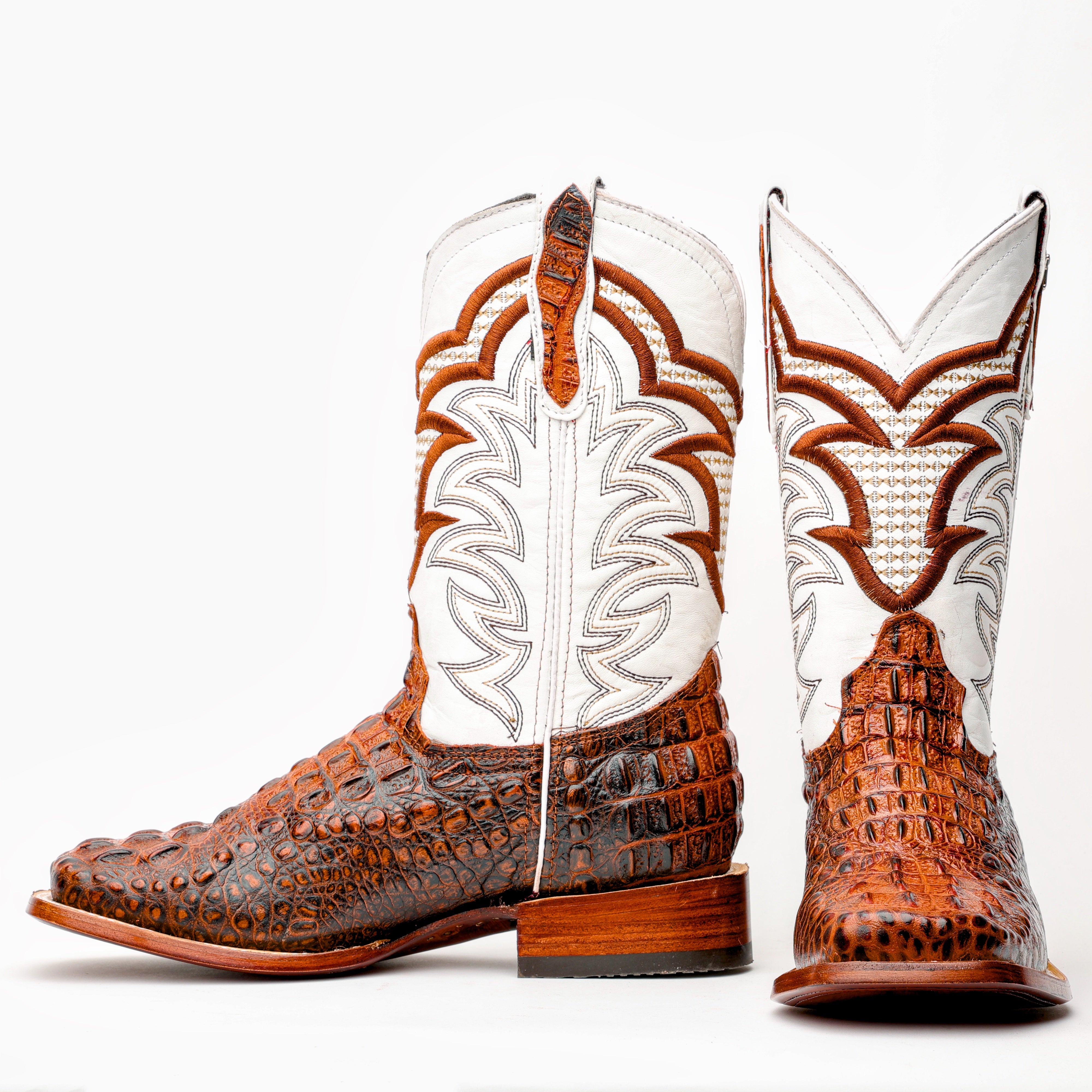 Cognac Caiman Neck Leather Boots - Square Toe