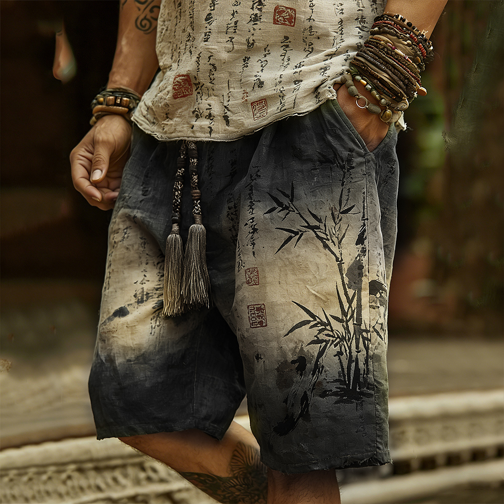 Japanese Art Bamboo Forest Ink Dyeing Art Tie-dye Shorts