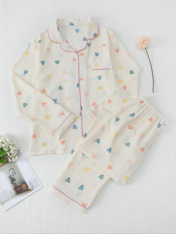 Women's Button Front Blouse & Bow Front Contrast Binding Pants Pyjama Set, Casual Long Sleeve Lapel Top & Trousers, Summer Outfits 2024, Sleepwear for Spring & Fall, National Day Offers