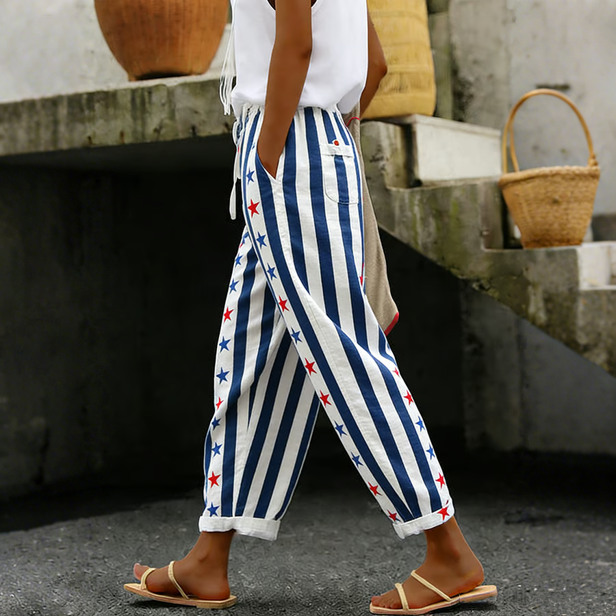 Women's Cotton Linen Patriotic Print Casual Cropped Trousers