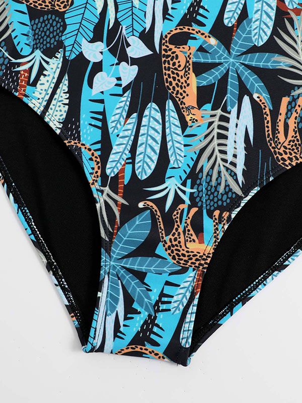 Floral Leopard Print One Piece Swimsuit