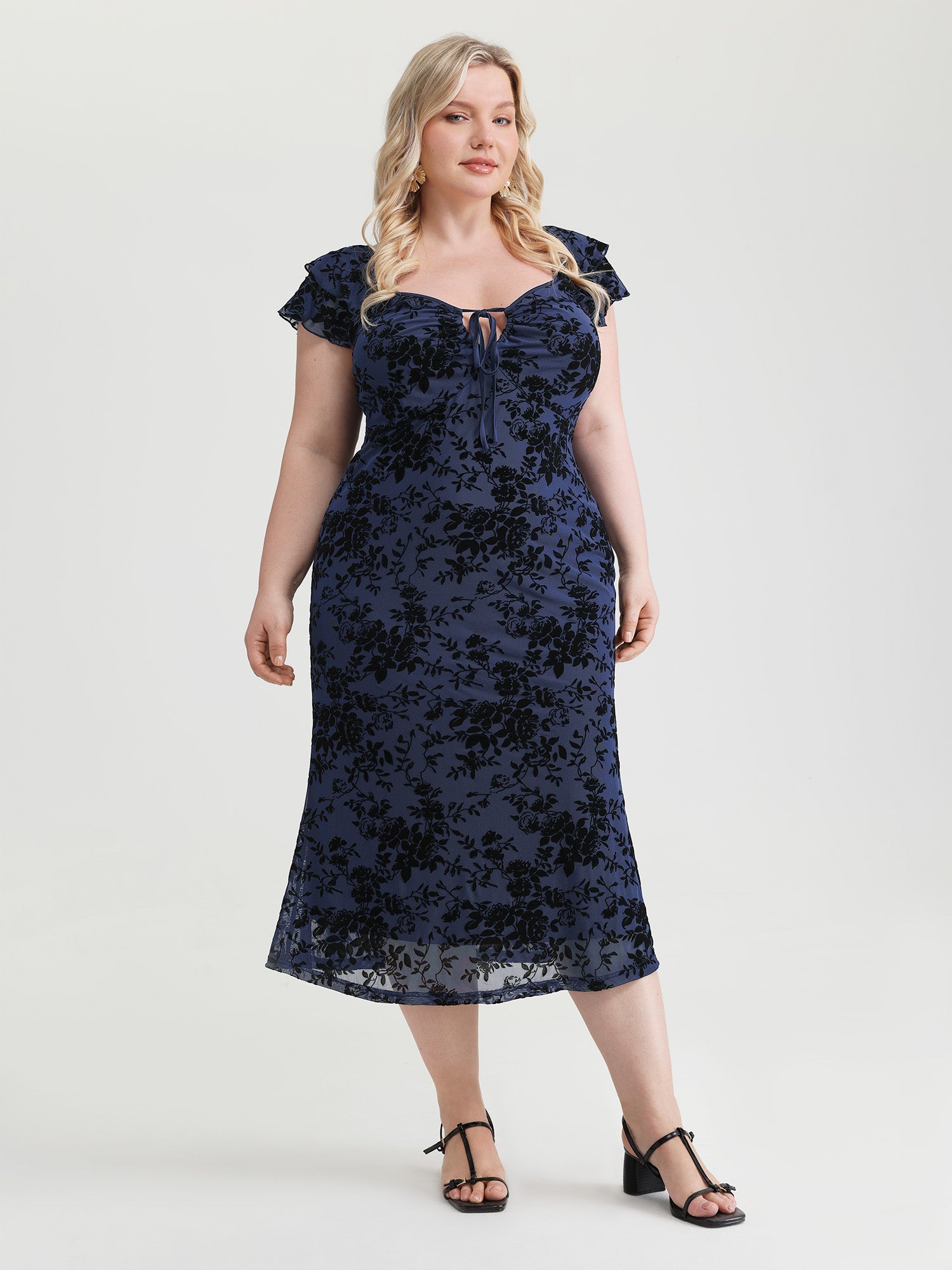 Floral Flocked Mesh Ruched Drawstring Midi Dress