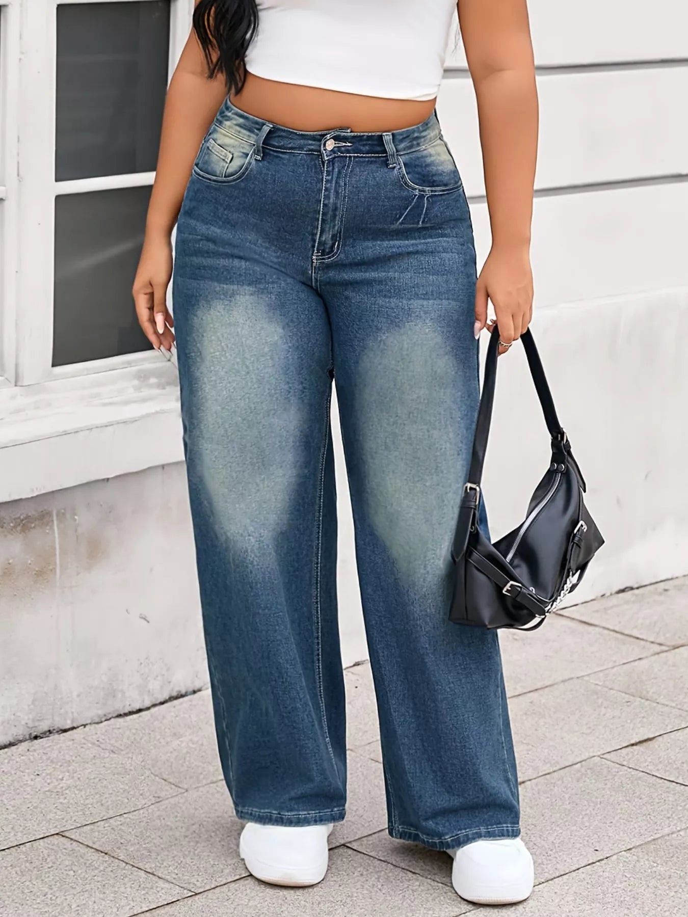 Plus Size Vintage Wash Wide Leg Jeans