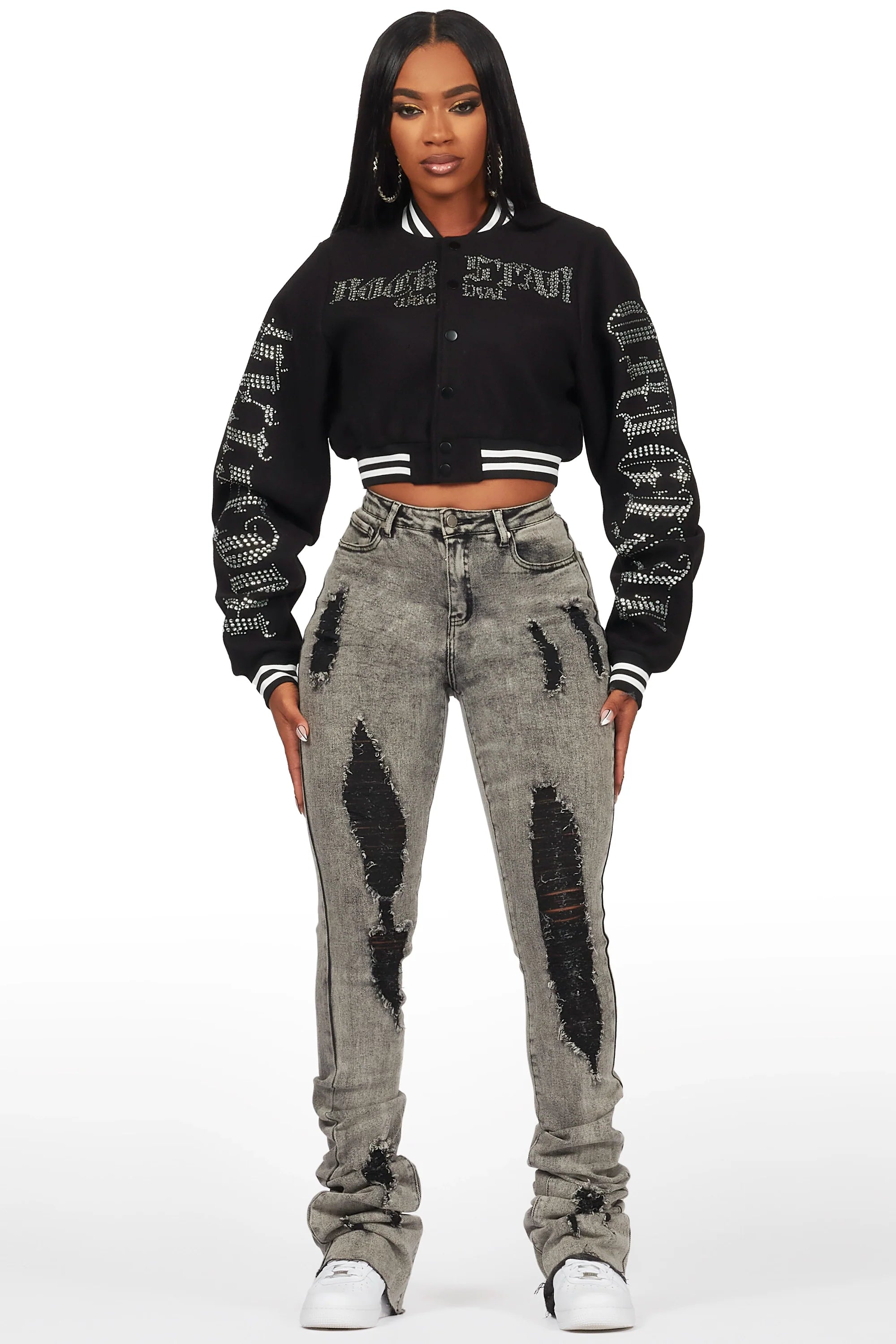 Gianni Black Crop Rhinestone Varsity Jacket