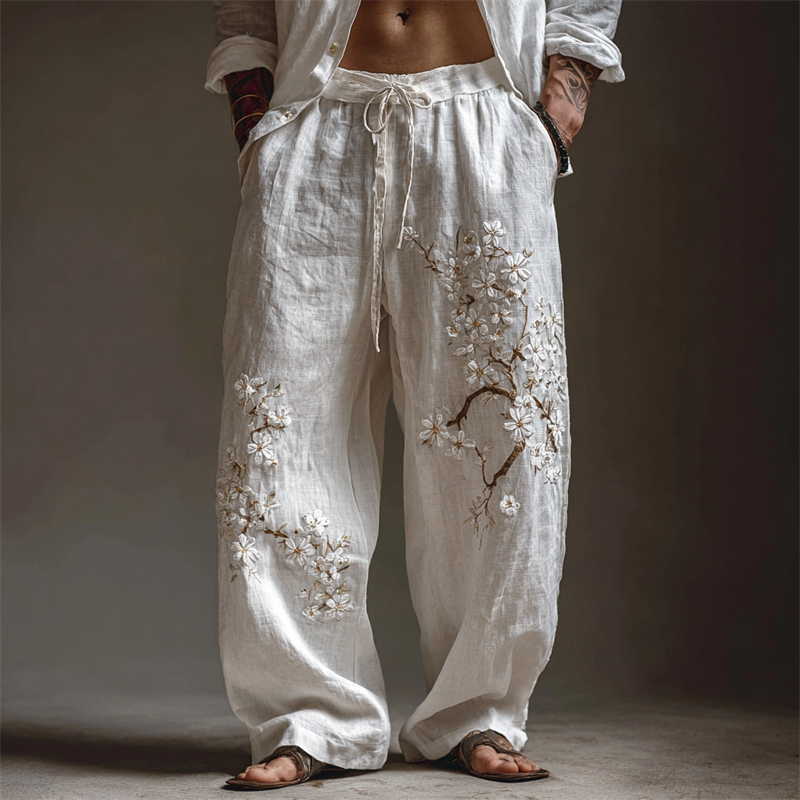 Men's White Almond Blossom Flowy Wide Leg Linen Pants