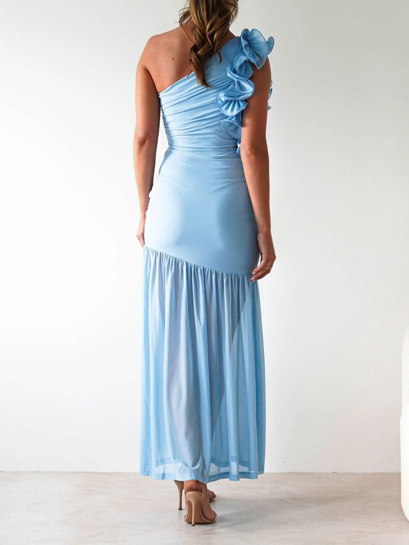 One-Shoulder Ruffle Trim Maxi Dress