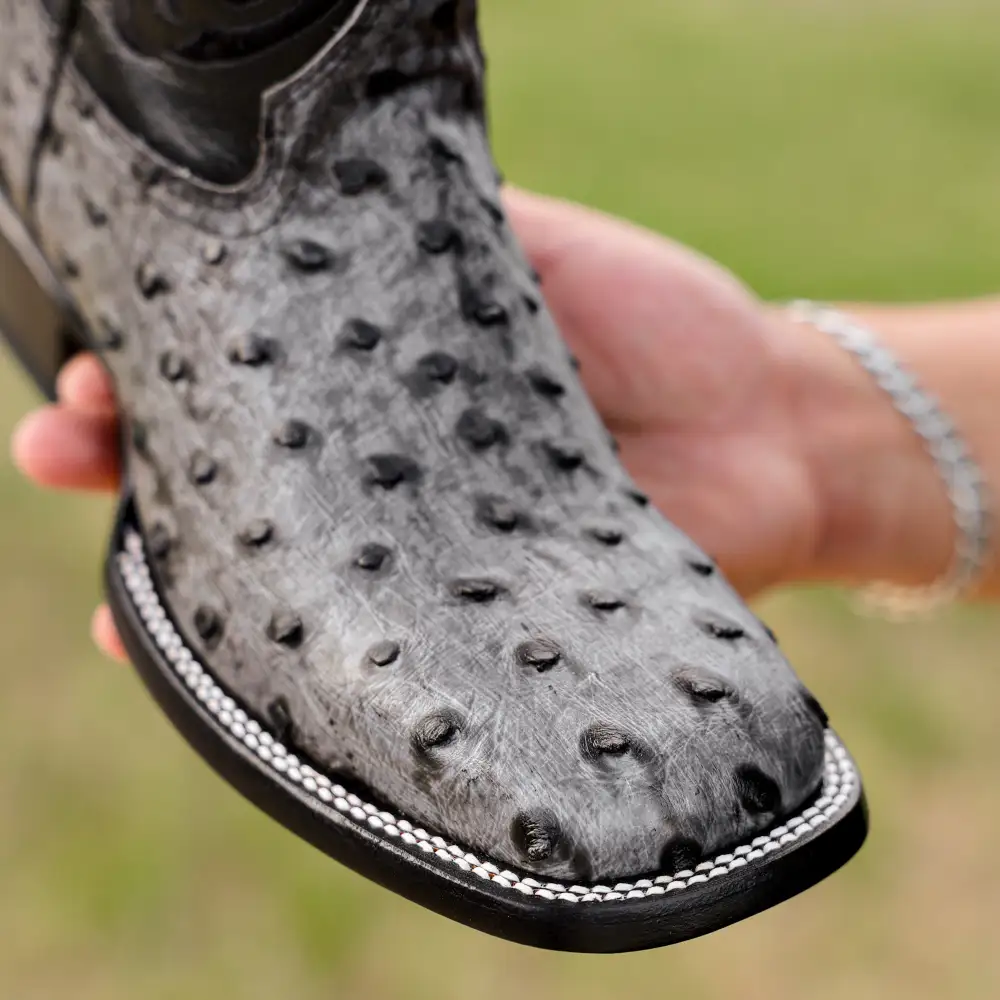 Grey Ostrich Leather Boots - Square Toe
