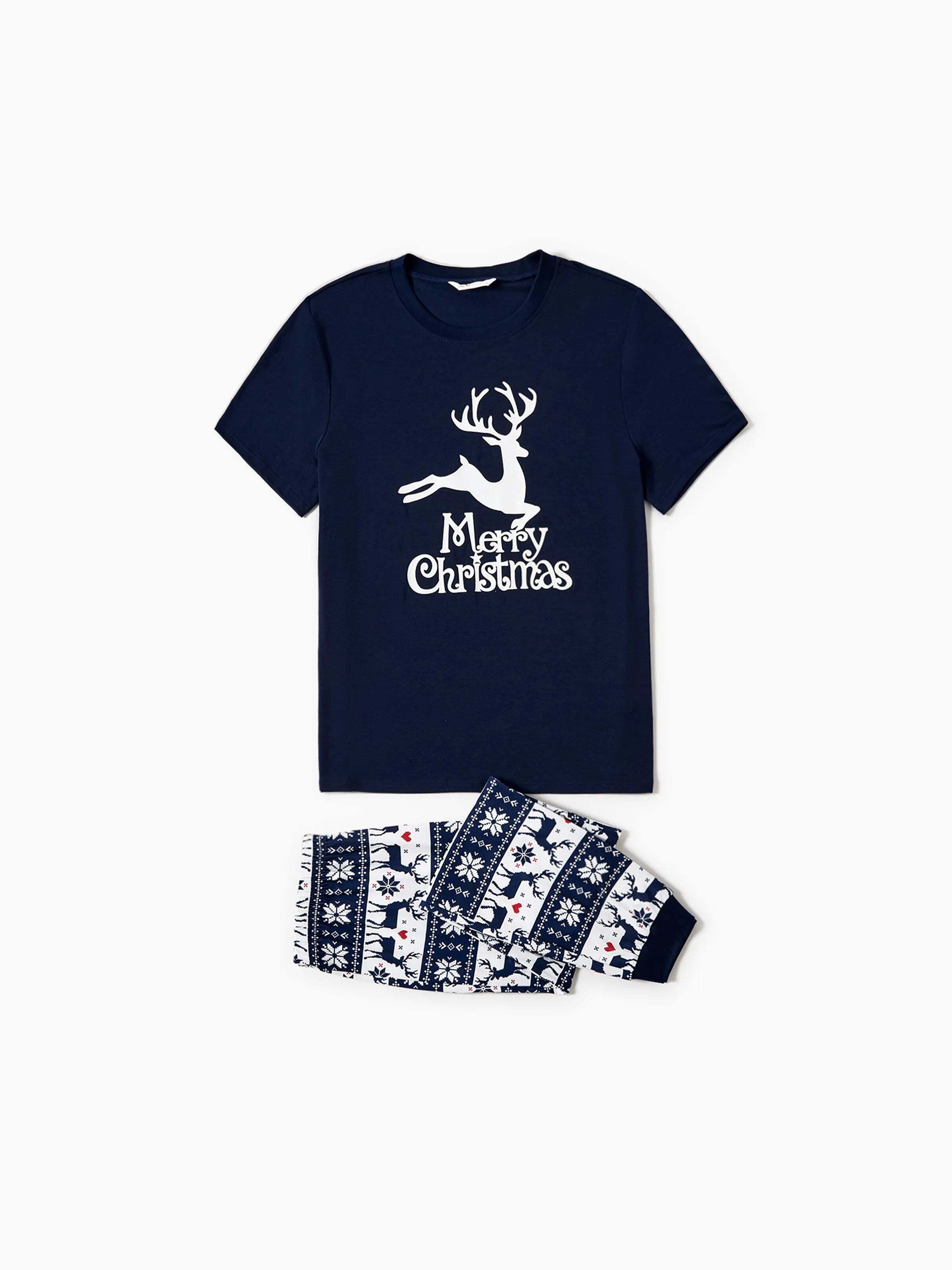 Christmas Reindeer Print Glow in the Dark Family Matching Pajamas Sets with Christmas Socks Deep Blue