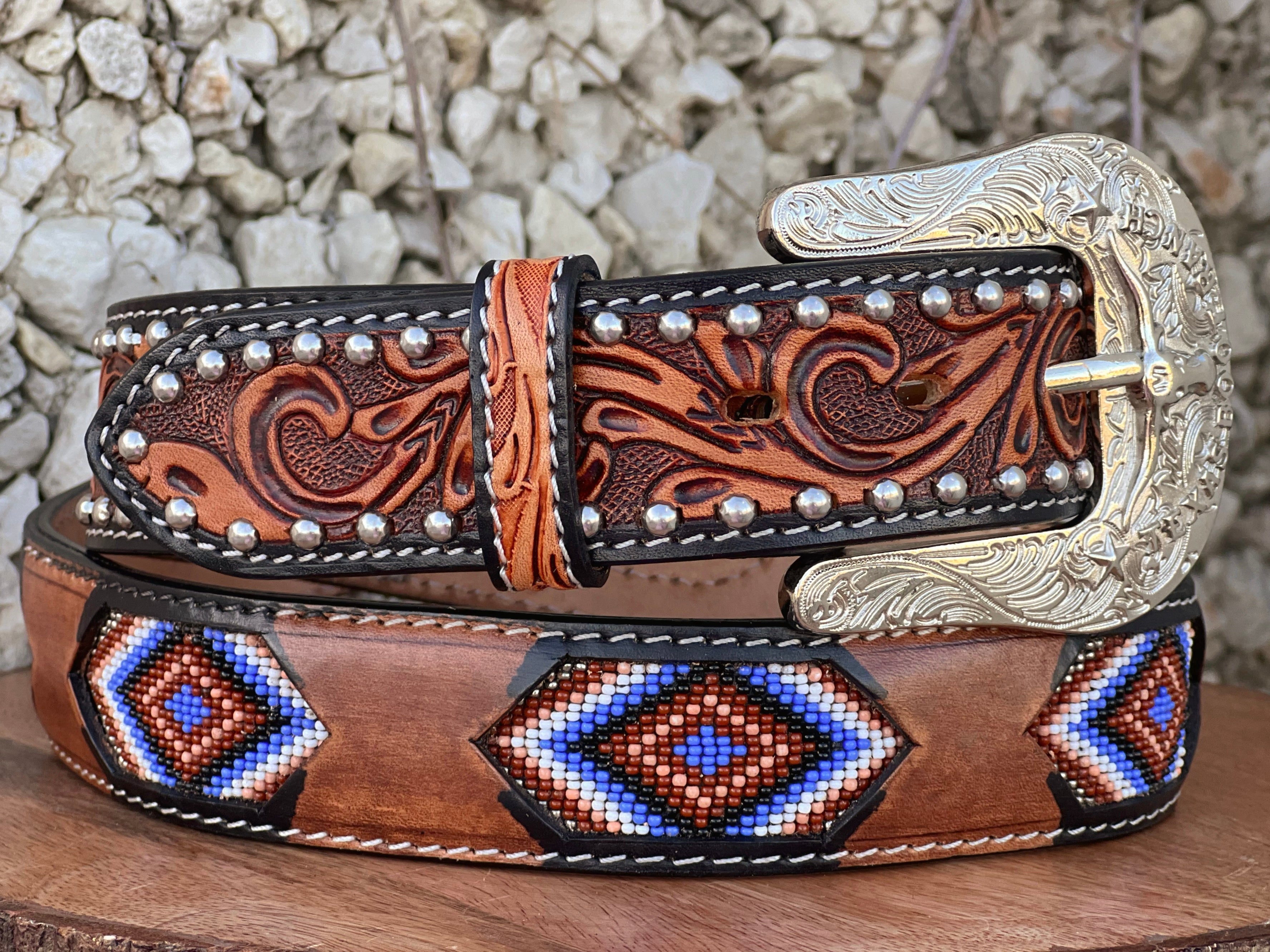Honey Hand-Tooled Leather Artesanal Tabs With Silver Studs Brown and Purple Beaded Belt