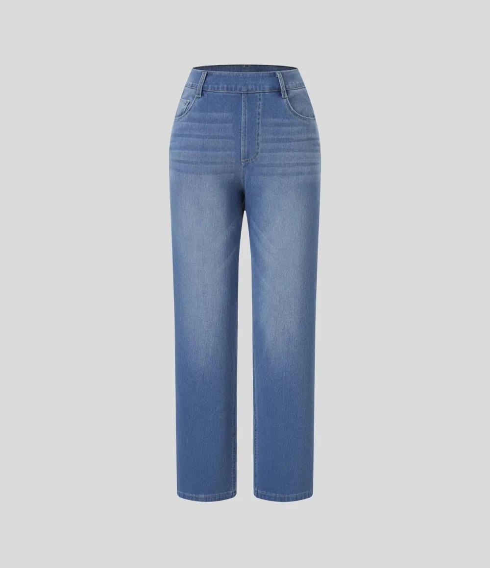 Stretch-Knit Straight-Leg Jeans with Multiple Pockets