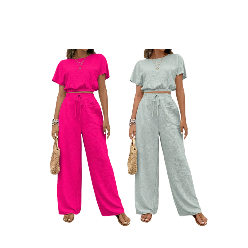 Women's Solid Color Rib-Knit Top & Wide Leg Pants Lounge Set