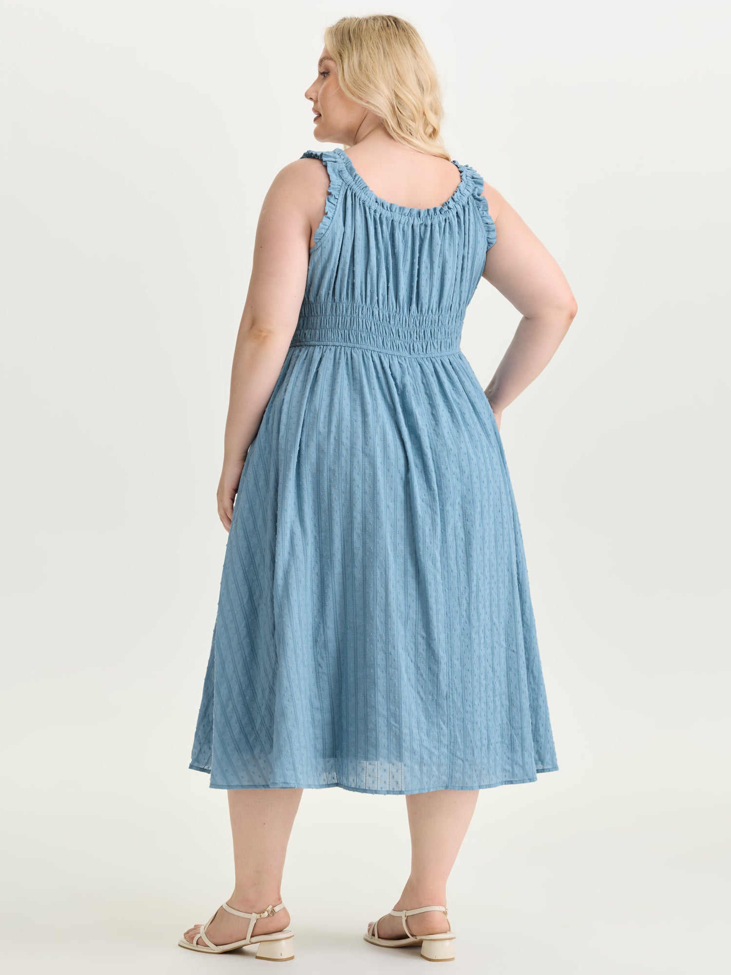 Textured Shirred Bodice Ruffled Straps Midi Dress