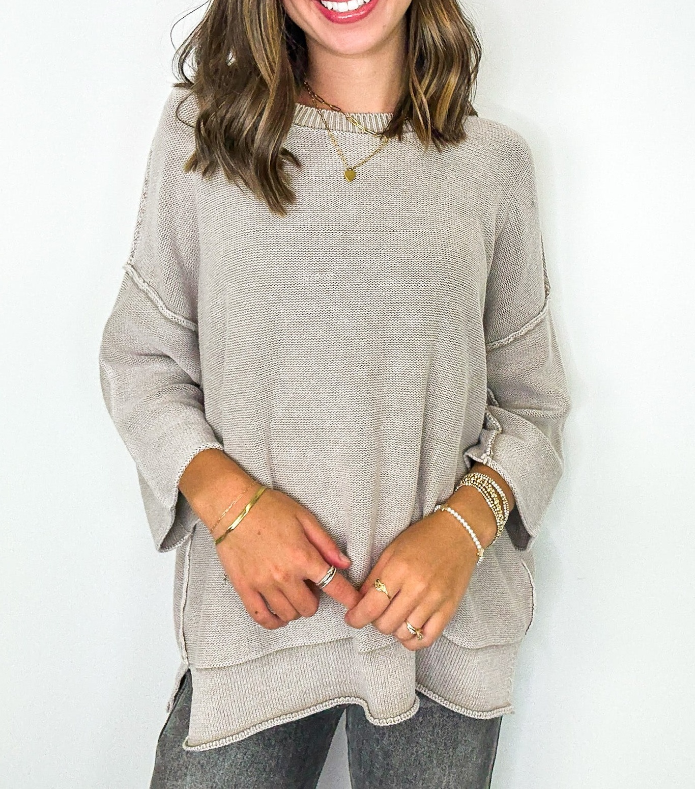 Cozy Fade Washed 3/4 Sleeve Relaxed Sweater