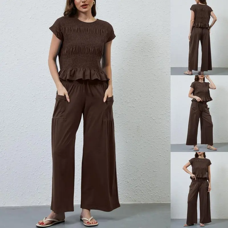 Womens 2 Piece Smocked Top Wide-Leg Pants Set