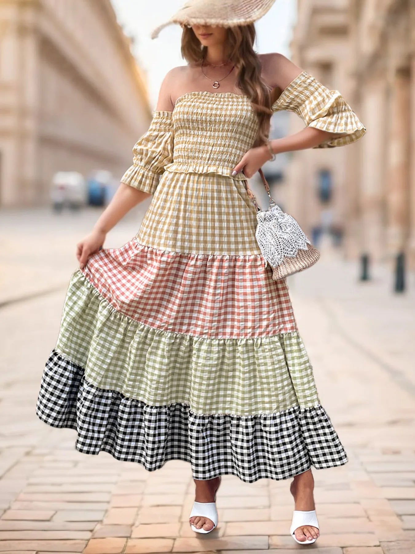 Color Block Plaid Off-Shoulder Maxi Dress