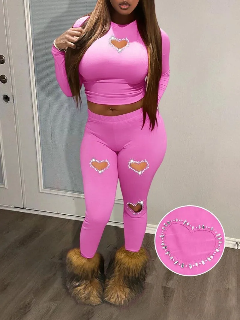 Two-Piece Set Women's Rhinestone Heart Decor Cut Out Crop Top & Skinny Pants Set