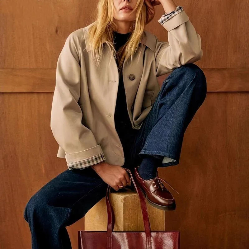 Women Casual Fall Jacket Lapel Neck Button-Down Long Sleeve Coat