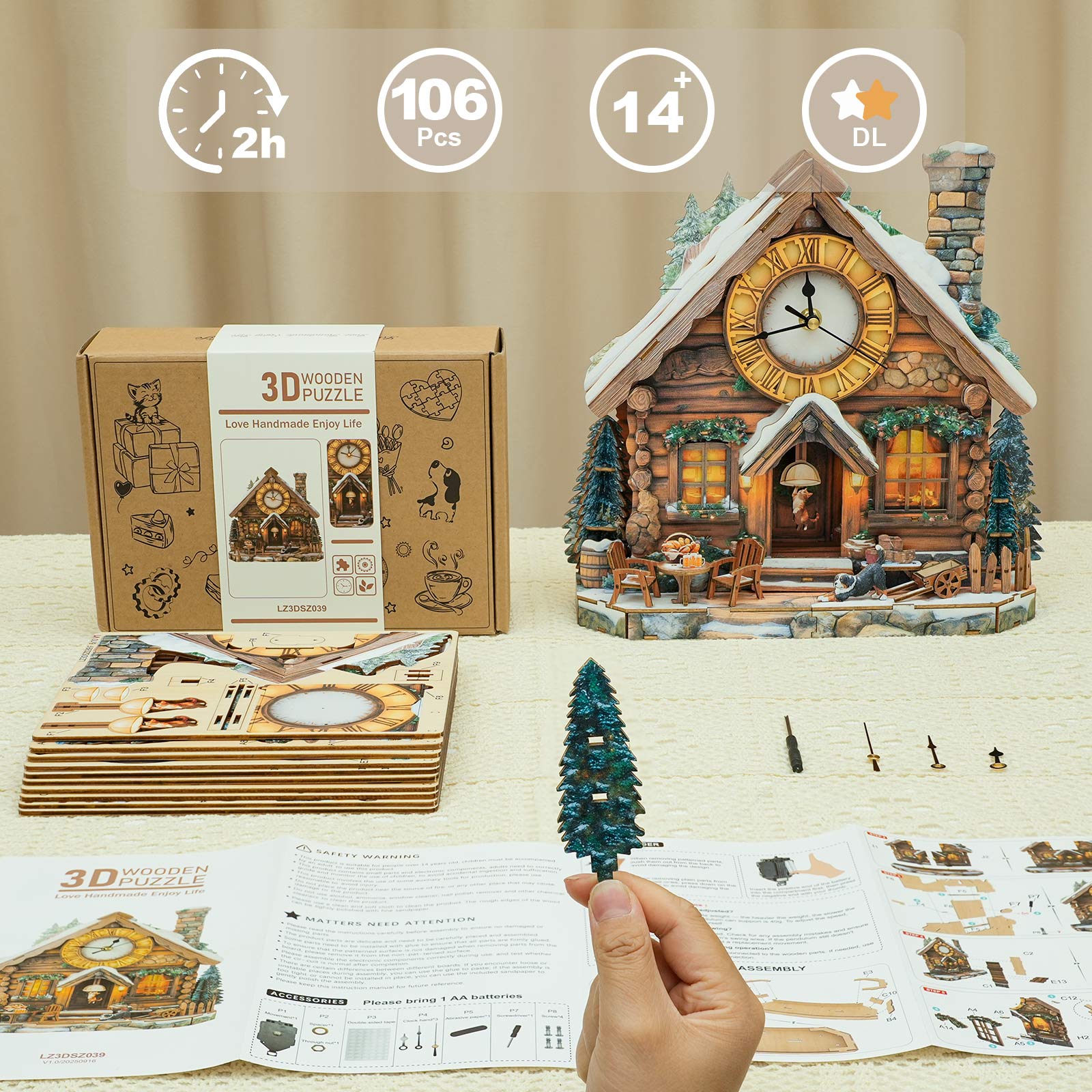 Swiss Chalet â€“ DIY Wooden Clock, 3D Puzzle Craft Kit