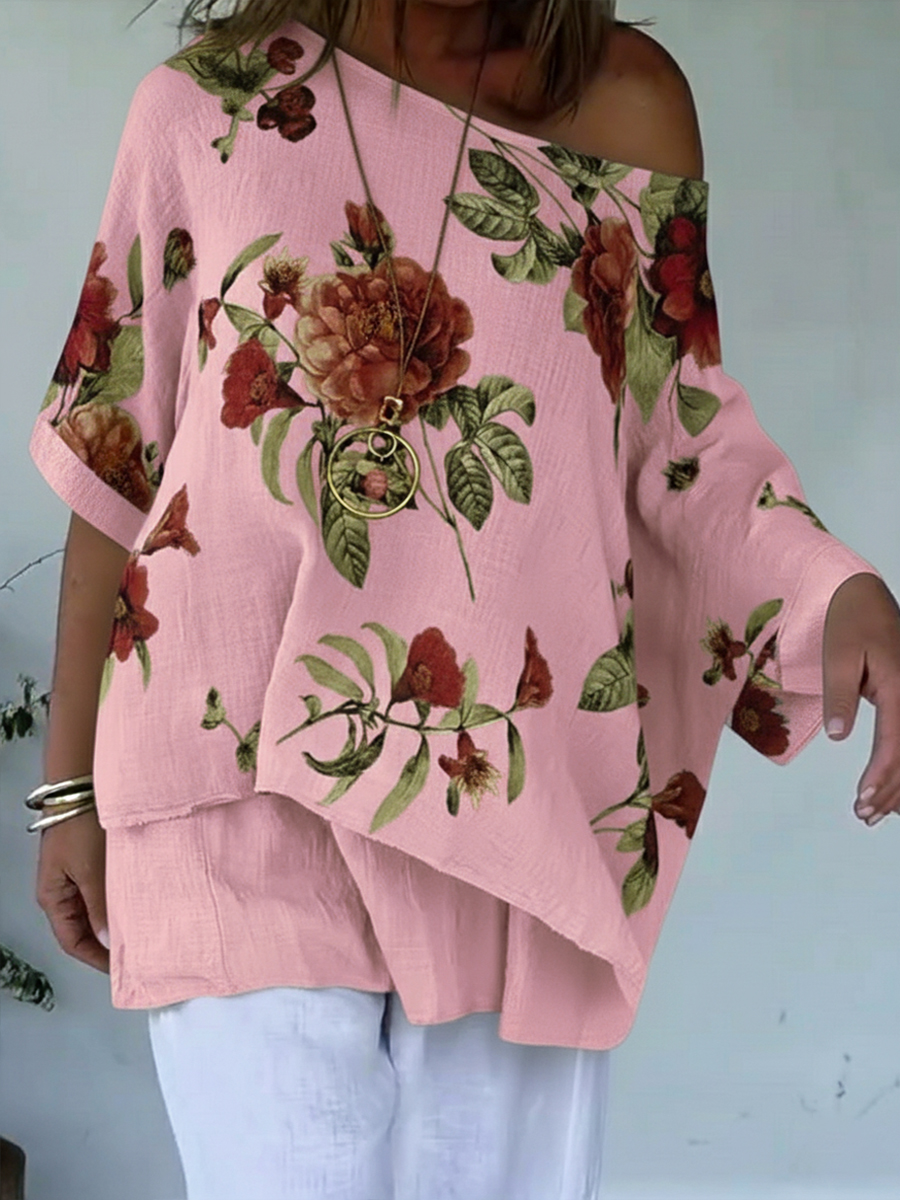 Loose And Cozy Floral Print Linen And Cotton Top