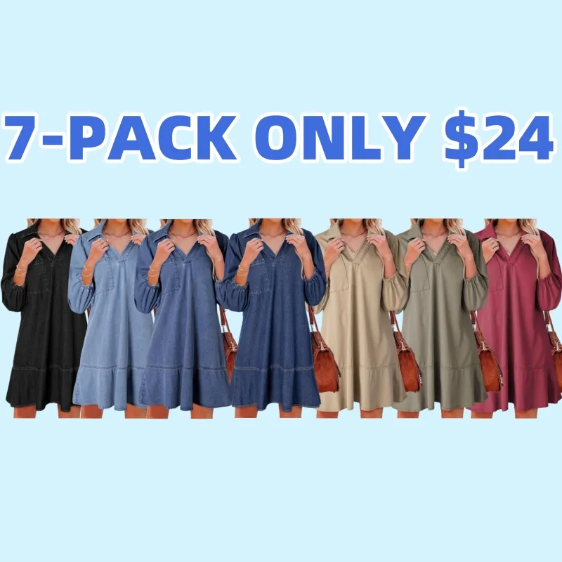 V Neck 3/4 Puff Sleeve Jean Dresses