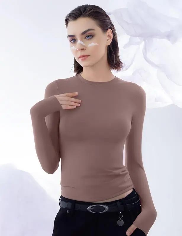 Long Sleeve Basic Tee Women's Crew Neck Slim Fit Tops Streetwear Minimalist Double Layer Compression Tee