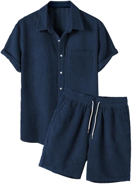 Men's 2 Piece Outfits Casual Button Down Short Sleeve Shirts Shorts Summer Beach Sets