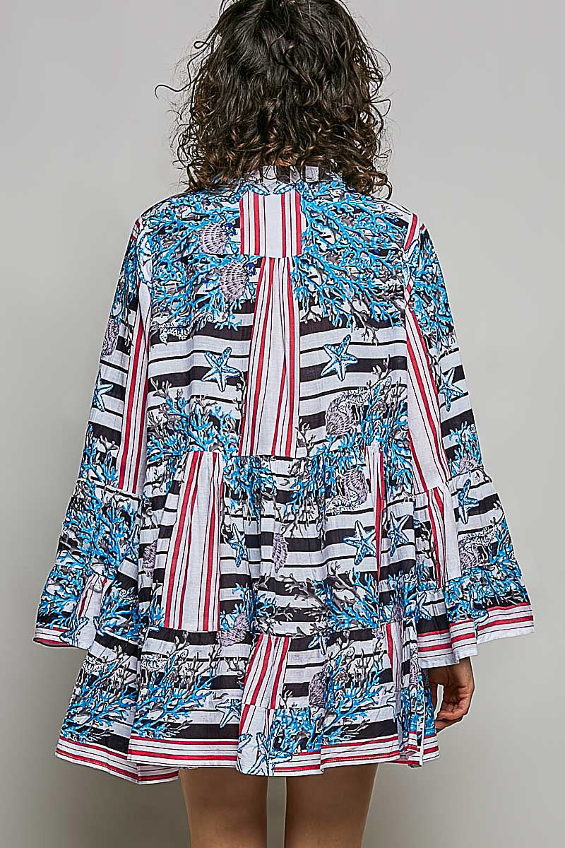 Striped Floral Long Sleeve Mini Dress with Pintuck Detail