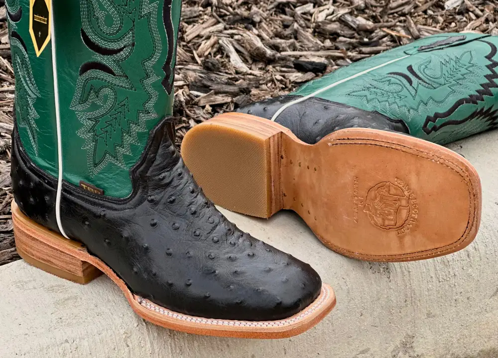 Mens Black Ostrich Leather Boots With Green Shaft