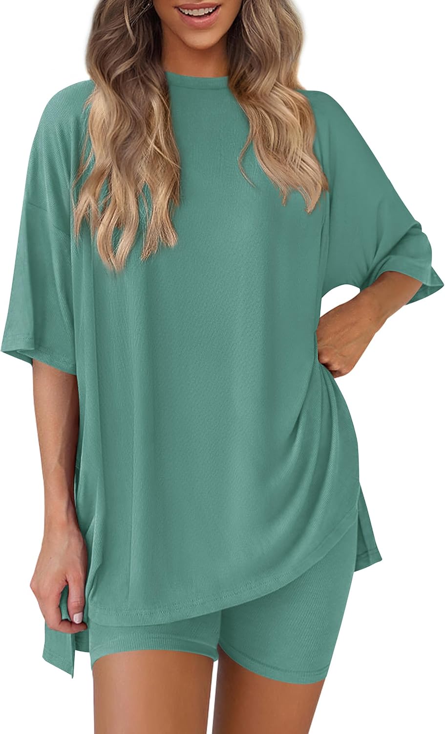 Women 2 Piece Lounge Set 2026 Summer Casual Oversized Shirts Biker Shorts Matching Airport Travel Outfit Clothes