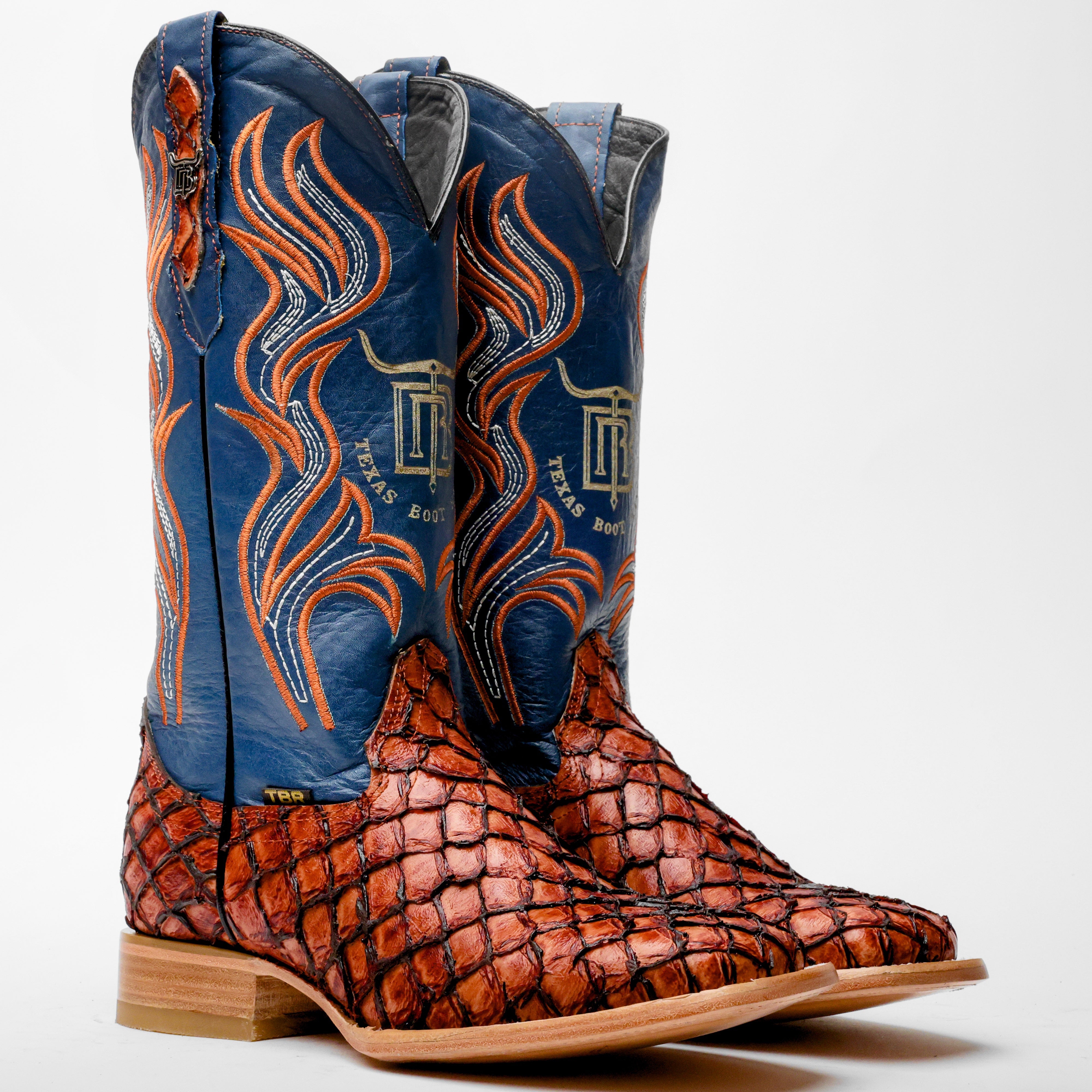 Cognac Mini Pirarucu Leather Boots - Square Toe