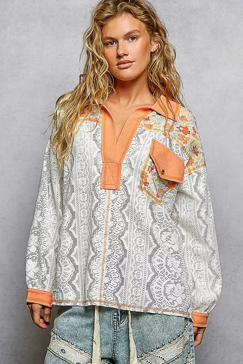 POL Floral Print Long Sleeve Lace Shirt with Front Pocket