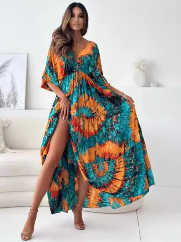 Sexy Deep V Multi-Color Printed Slit Dress With Three-Quarter Sleeves