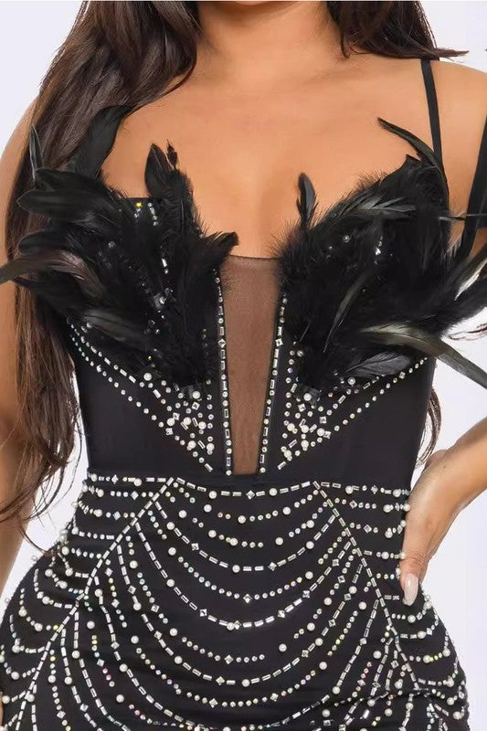 Rhinestone Night Club Feather Accent Mini Bodycon Dress