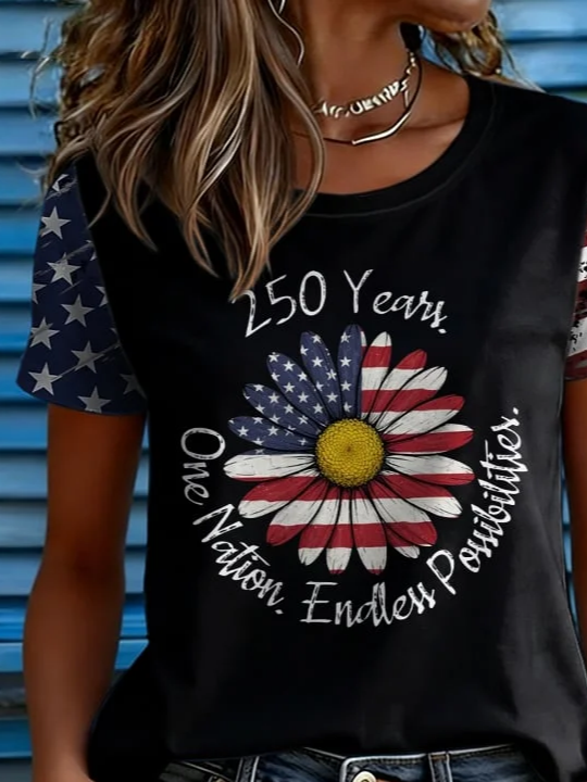 Women's Short Sleeve T-shirt Summer Black Independence Day (Flag) Printing Jersey Crew Neck Daily Going Out Casual Top