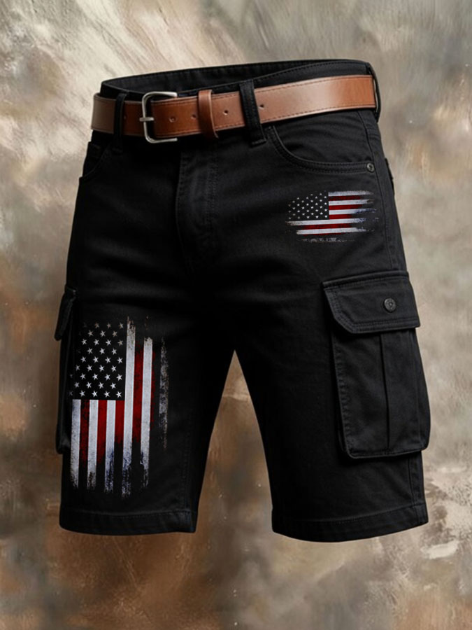 Men'S Independent Japanese American Flag Printed Multi Pocket Design Cargo Pants