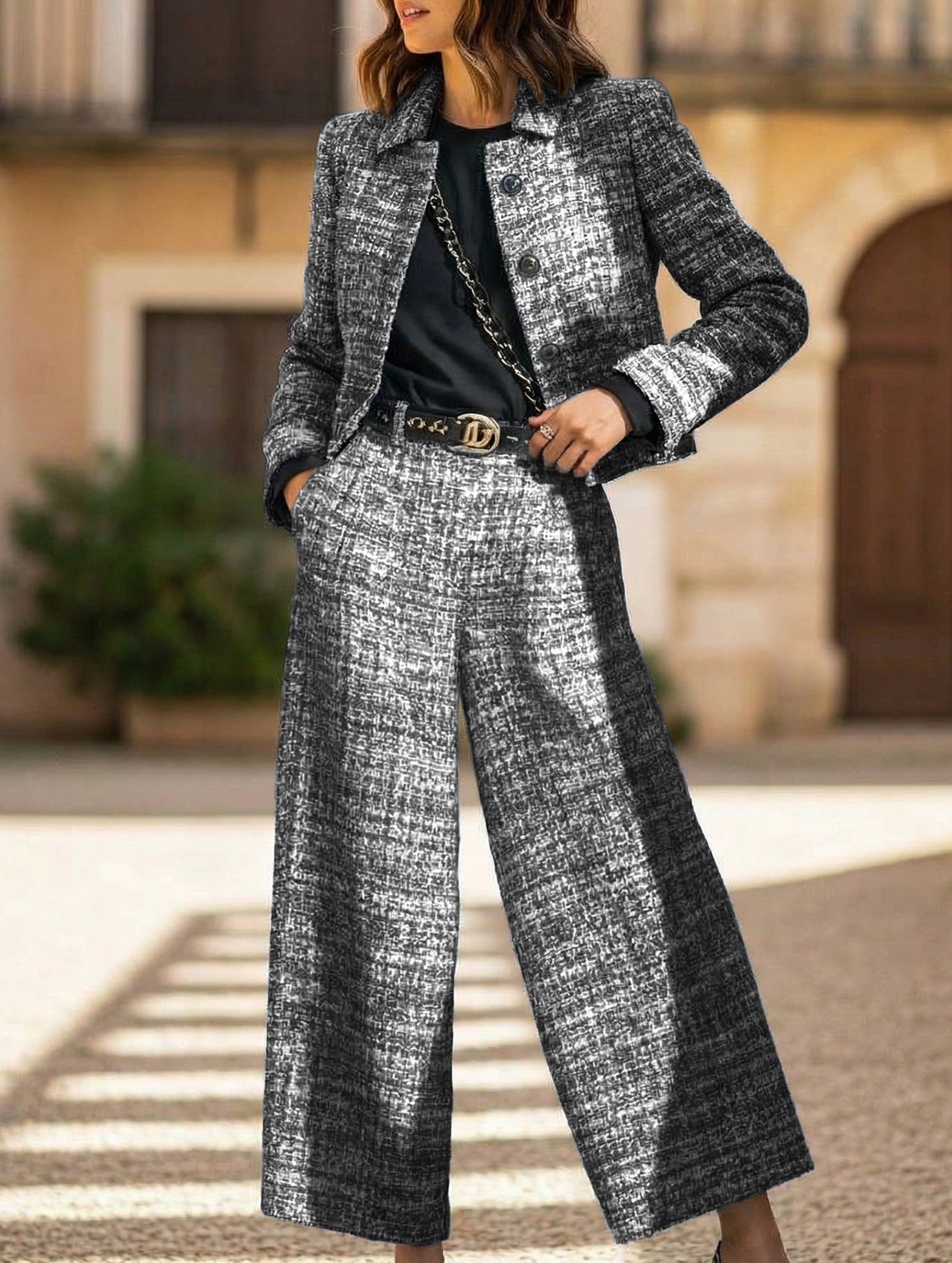 Women's Lapel Slim Fit Short Jacket and Pants Set_CWSS01458