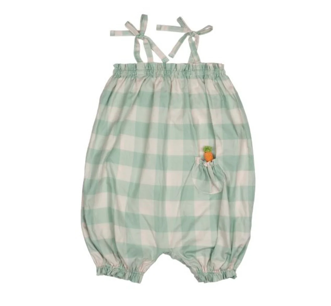 Carrot Pocket Romper -Green Gingham