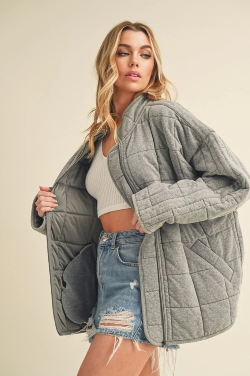 Zip Up Drop Shoulder Quilted Washed Jacket