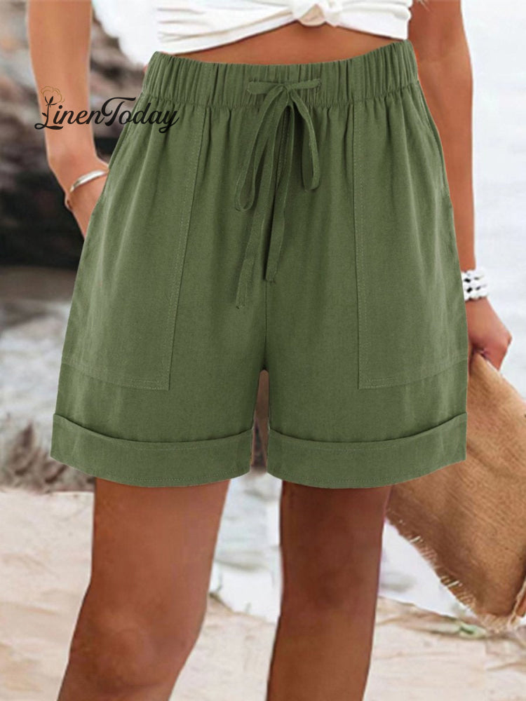 Women's Summer Casual Solid Color Drawstring Shorts With Pockets
