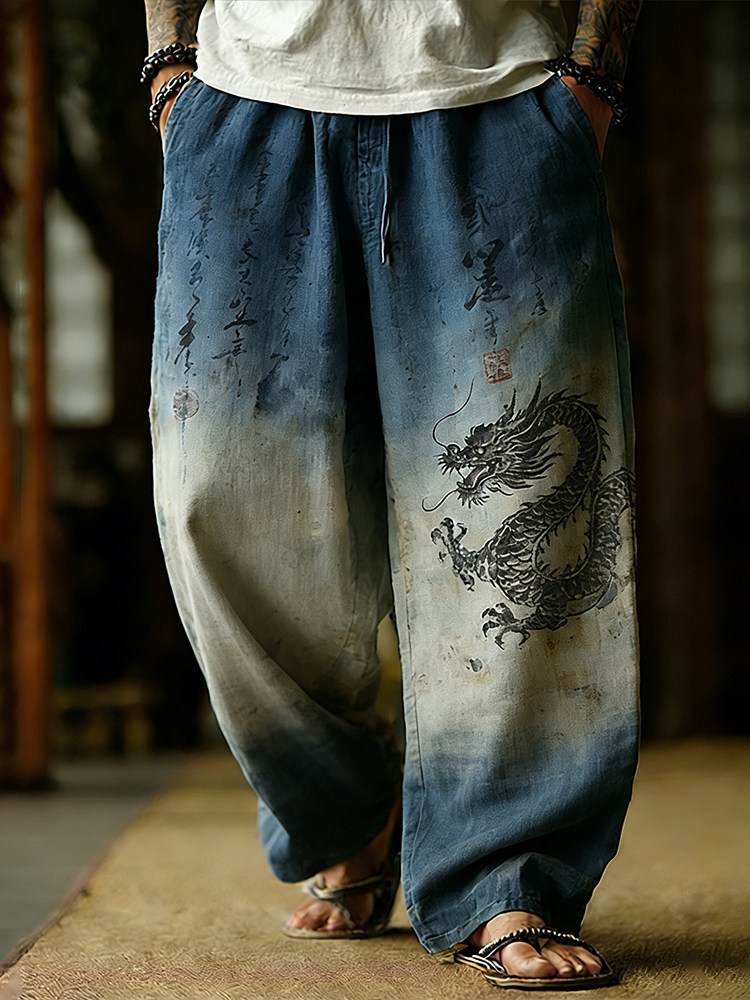 Japanese Style Dragon Totem And Sea Wave Linen Trousers