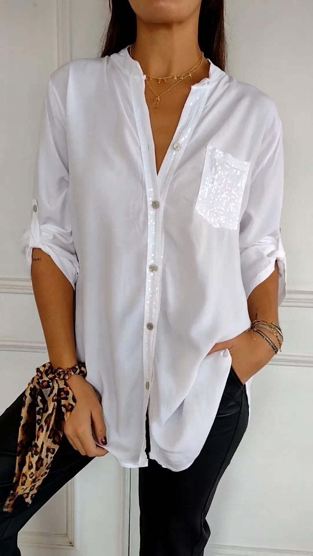 Women Cotton V-neck Sequin Mid-sleeve Casual Top